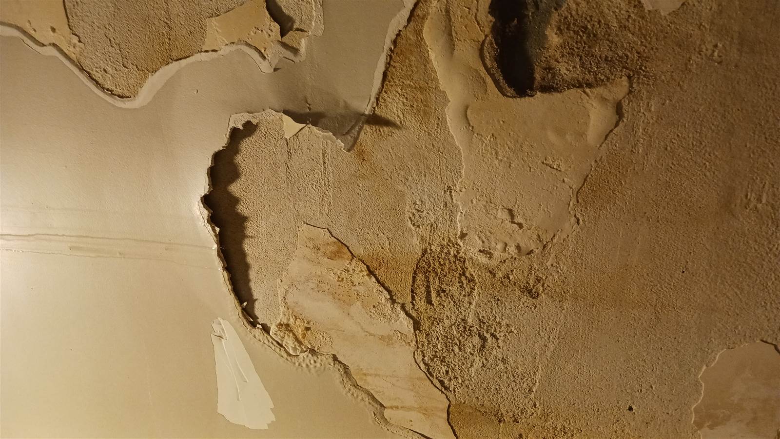Peeling paint above a basement stair